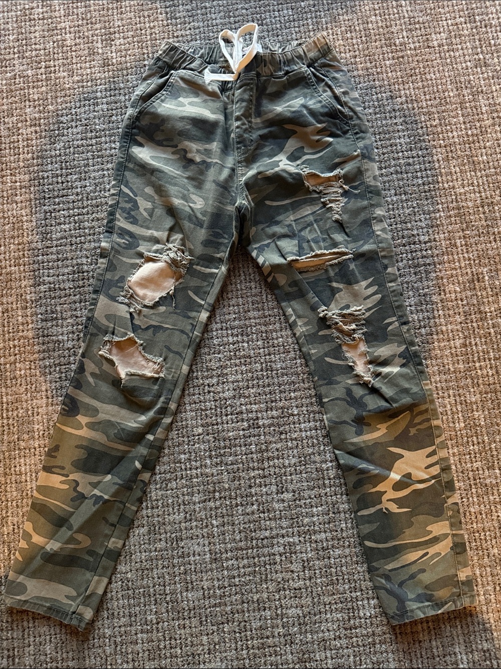 Camo Distressed Ankle Pants with Drawstring Waist - Green Camo